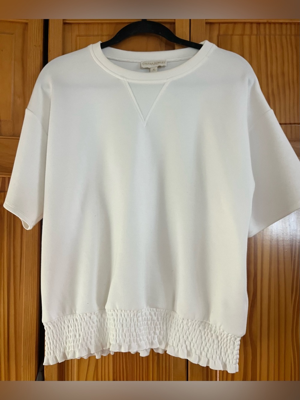 Cynthia Rowley White Short-Sleeve Smocked-Hem Shirt